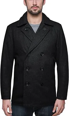 Buy Matchsticks Dark Grey Pea Coat Double Breasted Men's Large Buttoned Overcoat • 25.99£