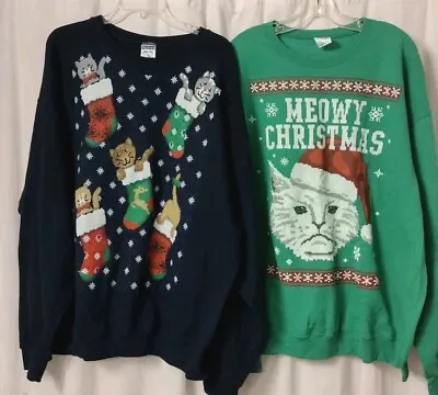 Buy 2x Plus Size 2XL Christmas Cat Sweatshirt Women's Tops Blue Green Grumpy Shirt • 37.80£