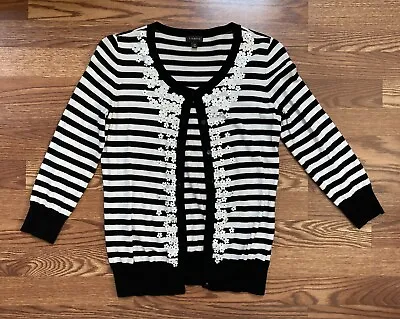 Buy Talbots Sz XS Cardigan Sweater Black & White Stripes, Decorative 3/4 Sleeve • 8.01£