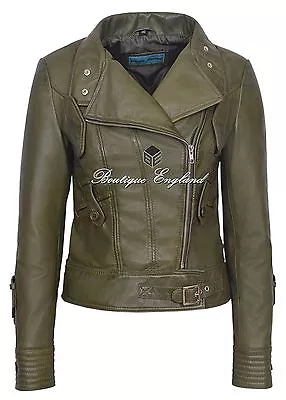 Buy BRANDO Leather Jacket Ladies Olive Green BIKER STYLE SOFT REAL LEATHER 4110 • 114.76£