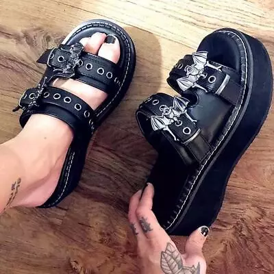 Buy Women's Chic Gothic Punk Wedge Heel Slippers Sliders Peep Toe Mules Plus Size • 34.79£