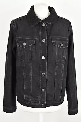 Buy NEXT Black Denim Jacket Size Uk 8 Womens Button Up Sherpa Lined Outdoors • 16.16£