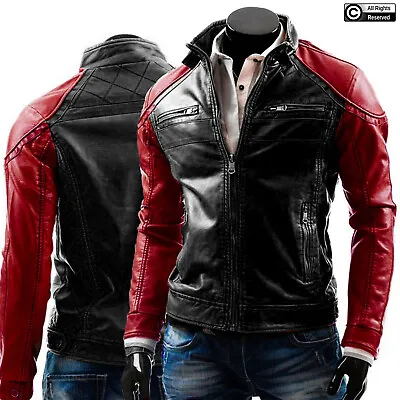 Buy Mens Red Black Biker Motorcycle Cafe Racer Vintage Style Genuine Leather Jacket • 259.99£