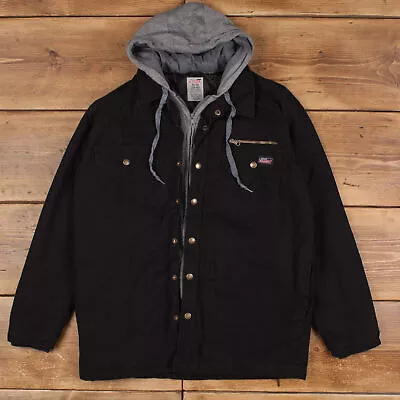 Buy Vintage Dickies Workwear Jacket M Grey Hood Overshirt Black Zip Snap • 27.99£