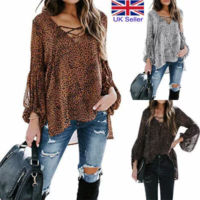 Buy Women Sexy Deep V Neck Wrap Long Sleeve T Shirt Leopard Casual Daily Blouse Tops • 10.99£