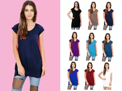 Buy Ladies Low Cut Plain Hip Long Line Top Gathering T Shirt Tunic Uk Plus Size • 7.49£