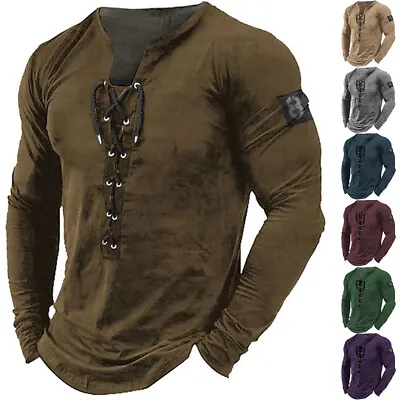 Buy Mens Lace Up T-Shirt Grandad Henley Muscle Slim Sport Combat Casual Shirts Tops • 3.99£