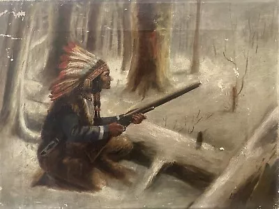 Buy 🔥 Antique Old West Native American Folk Art Indian Hunting Oil Painting, 1920s • 939.72£