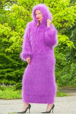 Buy SuperTanya Fuzzy Mohair Dress With Hood Purple Long Sweater Soft Hand Knit Gown • 357.90£