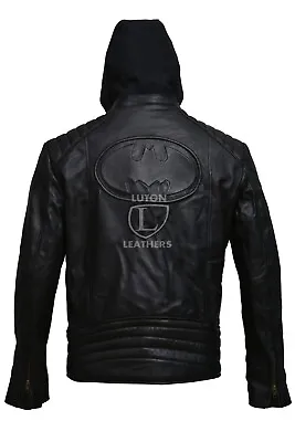 Buy Mens Biker Motorcycle Batman Hooded Motorcycle Real Leather Retro Biker Jacket • 74.99£