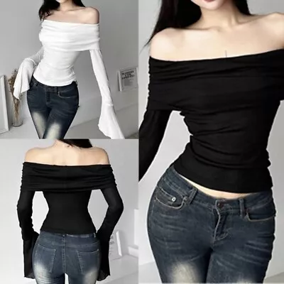 Buy Women Ruched Double Layer Bodycon T-Shirt Shoulder Long Sleeve Crop Top • 11.54£