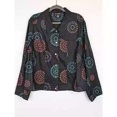 Buy Alexandra Bartlett Shacket Jacket Linen Embroidered Art To Wear Black Size 3X • 38.42£