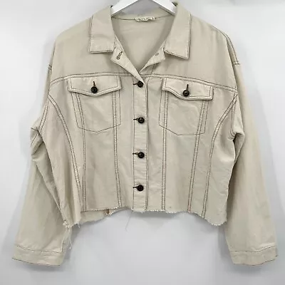 Buy Roolee Cream Raw Hem Cargo Denim Jacket Button 100% Cotton Women’s Size Large • 30.29£