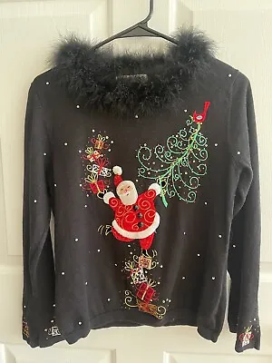 Buy Jack B. Quick Black Tacky Christmas Sweater, Feathery Collar, Woman’s Sz Medium • 37.79£