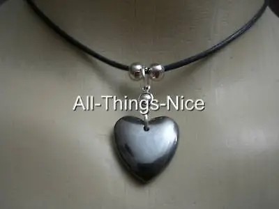 Buy HEMATITE Gemstone 20mm Puff Love HEART Black Goth Pendant Necklace Jewellery • 2.50£