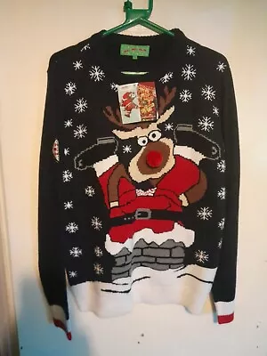 Buy XMAS JUMPER MENS Size M RUDOLPH The Red Nose Reindeer Navy Knitted By Aunty Judy • 24.99£