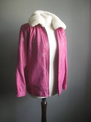 Buy PINK REAL LEATHER JACKET 10 8 Fur Collar Silver Stars Embellished Grease Ladies • 154.99£