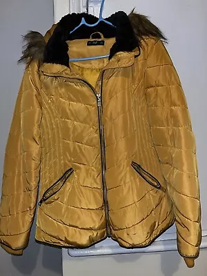 Buy F & F Mustard Zip-Up Padded Puffer Jacket With Detachable Faux Fur Hood Size 12 • 4£