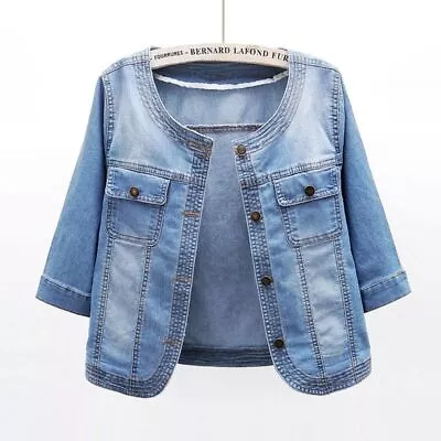 Buy Short Women's Denim Jean Jacket Summer Thin Half Sleeve Round Neck Coat • 31.19£