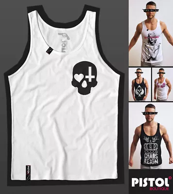 Buy Pistol Boutique Men's White CHEST SKULL CROSS HEART EYES Vest Top Singlet Tank • 22.49£