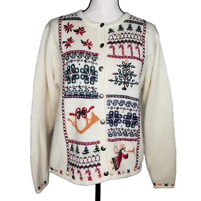 Buy Vintage Woolrich Christmas Sweater Medium Holiday Cardigan Ivory Wool Mohair • 48.25£