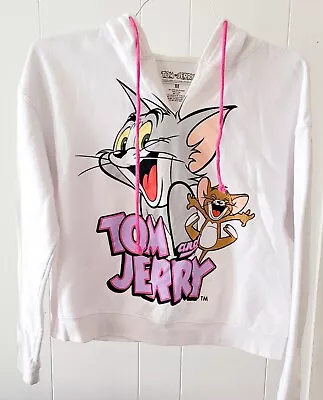 Buy Tom & Jerry White Graphic V Neck Crop Long Sleeve Hoodie Size Junior M • 9.41£