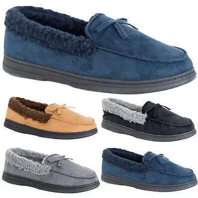 Buy Mens Faux Fur Lined Light Weight Moccasin Indoor Hard Sole Warm Comfy Slippers • 10.95£