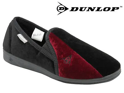 Buy Mens Dunlop Full Slippers Velour Two-Tone Twin Gusset Comfy Warm Black Burgundy • 13.99£