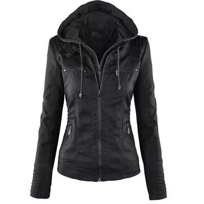 Buy Womens PU Leather Biker Motorcycle Jacket Zip Up Hooded Coat Slim Fit Outwear ☆ • 20.59£