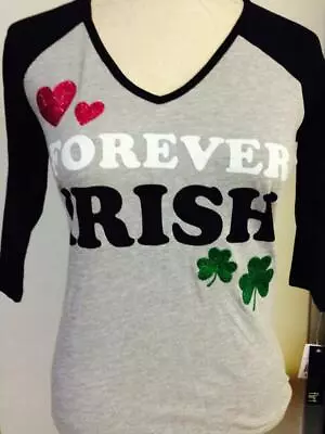 Buy New Juniors Ultra Flirt  Forever Irish  Raglan V Neck T-SHIRT Glitter • 6.57£