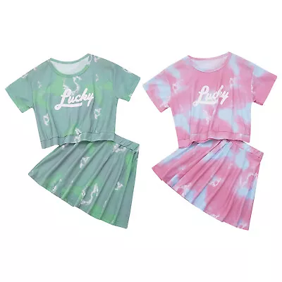 Buy Kids Girl 2Piece Tie Dye Print Sport Skirt Suit Short Sleeve T-shirt And A-line • 15.57£