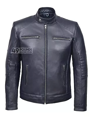 Buy Fielder Men's Navy Blue Cool Retro Biker Style Cowhide REAL Leather Jacket  • 41.65£