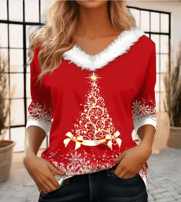 Buy Ladies Tee Long Sleeve Christmas T Shirt Women Loose V Neck Holiday Xmas Tops • 12.42£