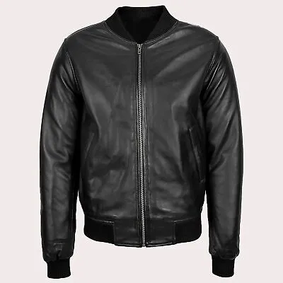 Buy Mens Real Leather Bomber Jacket 100% Soft Pilot Lambskin Inspired Retro Style • 78.99£
