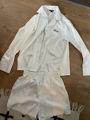 Buy White Satin Silk Material Bride Bridal Embroidery Long Sleeve Shorts Pyjama Pjs • 8£