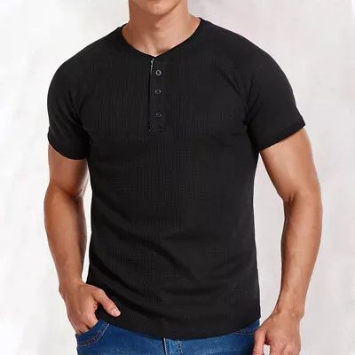 Buy Mens Ribbed T Shirts Short Sleeve Henley Buttons Grandad Casual T Shirt Tops Tee • 12.49£