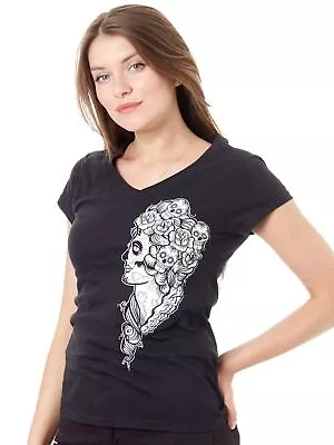 Buy Lucky 13 Black Lady Death V-Neck Womens T-Shirt - S • 8£
