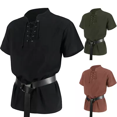 Buy Men Short Sleeve Medieval Shirt Gothic V-neck Lace Up T-shirts Casual Shirt • 12.64£