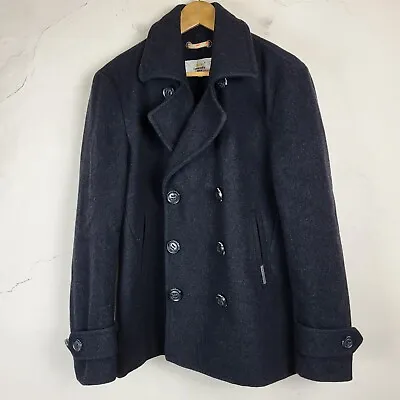 Buy Superdry Commodity Mens Large Wool Pea Coat Black Slim Fit Double Breasted Naval • 47.69£