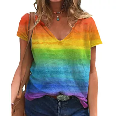 Buy Women Rainbow LGBT Pride T-Shirts V-Neck Tee Casual Summer Short Sleeve Tee Tops • 12.29£