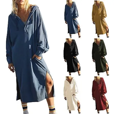 Buy Womens Long Sleeve Casual  Hoodie Sweatshirts Side Slip Zipper Dress With Pocket • 27.29£