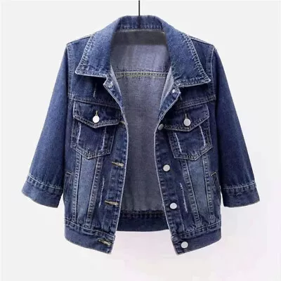 Buy Womens Denim Jacket Womens Coat Color Plain Top Button Up Ladies Short Jean Top • 19.92£