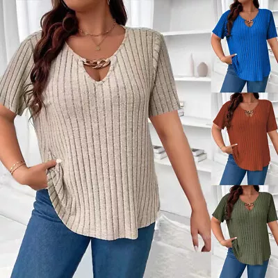 Buy Womens Metal Chain Ribbed T Shirt Short Sleeve Casual Loose Tunic Tops Plus 28 • 3.09£
