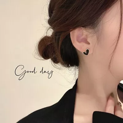 Buy Earrings Stud Black Heart Gold Trim Women Girls Ladies Fashion Jewellery Gifts • 3.49£