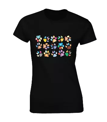 Buy Rainbow Paw Print Ladies T Shirt Cute Animal Lover Design Dog Cat Gift Present • 7.99£