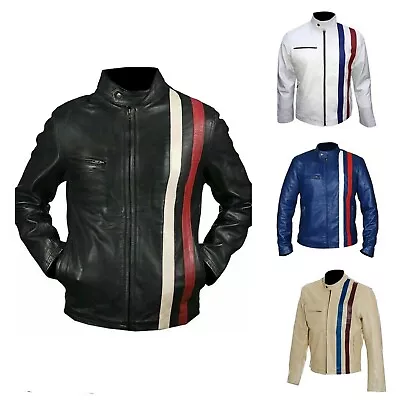 Buy Men's Motorcycle Steve McQueen Le Mans Gulf Racing Real Cowhide Leather Jacket • 128.98£