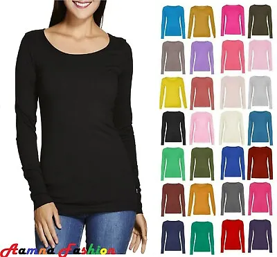 Buy Womens Ladies Long Sleeve Stretch Plain Round Scoop Neck T Shirt Top Assorted • 5.99£