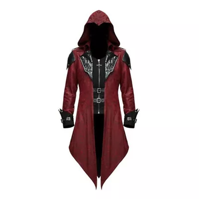 Buy Men Steampunk Gothic Tuxedo Trench Coat Fold  Neck  Hooded Leather Coat  UK • 26.99£