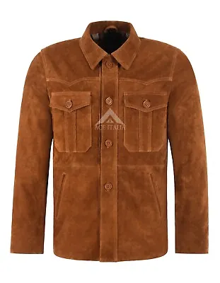 Buy Men's Trucker Box Button Over Shirt Style Tan Suede Western Real Leather Jacket • 119.99£