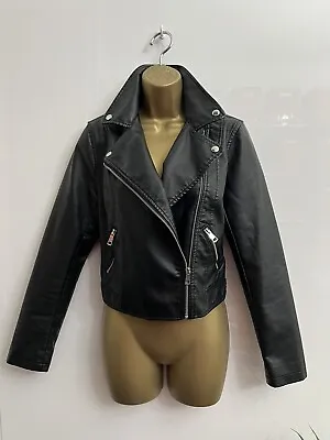 Buy Primark Ladies Black Leather Look Short Biker Jacket Size 8 • 6.99£